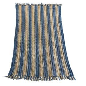 Blue Ivory Striped Fringed Hand Crochet Acrylic Throw Lap Blanket Afghan 36x68"